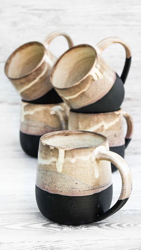 Extra large, handmade ceramic mug, for coffee, tea ar beer. Wheel thrown pottery mug with black and beige glazing. Rustic, farmhouse, boho style mug. Wabi sabi pottery. Modern artisan handcraft. Unique housiwarming, birthday, Thanksgiving, Christmas gift for mom, dad, husband, boyfried, coffee, beer lovers Ceramics Pottery Mugs, Big Coffee, Earthenware Pottery, Clay Mugs, Wheel Thrown Pottery, Pottery Techniques, Pottery Glazes, Black Clay, Earthenware Clay