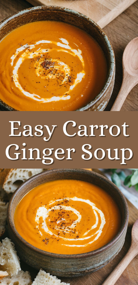 This creamy carrot ginger soup recipe is perfect for cozy dinners or light lunches. Packed with healthy ingredients and warm flavors, it’s a delicious and easy-to-make dish! #carrotsoup #carrotgingersouprecipe #healthysoups Carrot Soup With Ginger, Roasted Carrot Ginger Soup Recipe, Creamy Carrot Ginger Soup, Carrot Ginger Red Lentil Soup, Coconut Ginger Carrot Soup, Crockpot Carrot Soup Recipes, Food With Ginger, Pureed Soup Recipes Healthy, Thai Carrot Ginger Soup