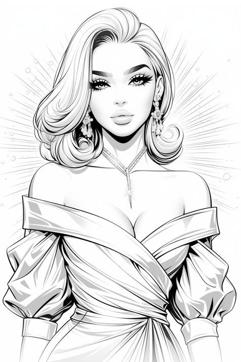 Lady Line Art, Woman Black And White, Doll Drawing, Color Drawing Art, Grayscale Coloring Books, Woman Sketch, Free Fashion, Bold Makeup, Cartoon Coloring Pages