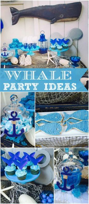 Here's a fun whale party in blue and white with lots of vintage features. See more party ideas at CatchMyParty.com! Whale Baby Shower Theme, Boy Shower Ideas, Baby Boy Shower Ideas, Ocean Themed Party, Whale Birthday Parties, Whale Party, Whale Birthday, Nautical Birthday Party, Baby Boy Themes