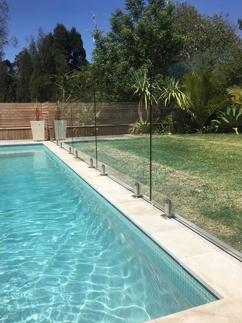 Frameless glass pool fence installed with Quantum Spigots the ultimate in style and design. Aluminum Pool Fence, Glass Pool Fencing, Glass Fence, Glass Pool, Pool Safety, Fencing Material, Types Of Fences, Pool Fence, Beach Shack