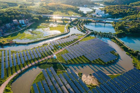 Solar power plant by liufuyu. Aerial view of a solar power plant #Sponsored #plant, #power, #Solar, #liufuyu Solar Farm Design, Solar Power Aesthetic, Geothermal Power Plant, Eco Technology, Science Display, Solar City, Solar Punk, Solar Power Station, Economics Lessons