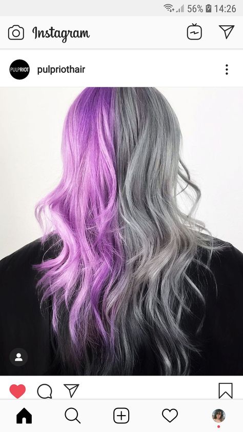 Split Hair Color Ideas Purple, Purple Hair Bottom Half, Split Dyed Hair Blonde And Purple, Purple And Silver Hair Split Dye, Blonde Purple Split Dye, Half And Half Hair, Split Dyed Hair, Split Hair, Grey Hair