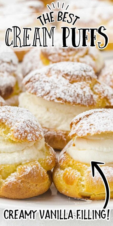 These incredibly delicious cream puffs consists of a light and airy pastry filled with sweet, velvety cream and dusted with powdered sugar. Easy Custard Filling, Cream Puffs Recipe Easy, Homemade Cream Puffs, Cream Puffs Easy, Yummy Nummies, Whipped Cream Filling, Puff Dessert, Easy Custard, Orange Curd