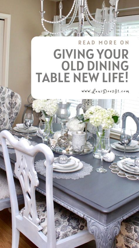 Give your old dining room table new life with the gift of transformation. This can be accomplished over the weekend or even in a day with just the perfect shade of paint and a paint brush. For this look, I used Rustoleum Chalked Paint. Click to read more on how you can have very much a brand new dining table for $40 or even less. Table Chalk Paint, Dining Room Furniture Makeover, Chalk Paint Dining Table, Old Dining Table, Painted Dining Room Table, Chalk Paint Table, Rustoleum Chalked, Dining Room Table Makeover, Vintage Dining Room Table