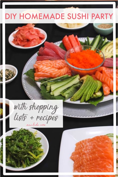 Sushi Party Ideas At Home, Make Your Own Sushi Rolls, Homemade Sushi Ingredients, Ingredients For Sushi Rolls, Make Your Own Sushi Bar, Sushi Meal Ideas, Sushi Roll Filling Ideas, Sushi Roll Ingredients, Diy Sushi Party