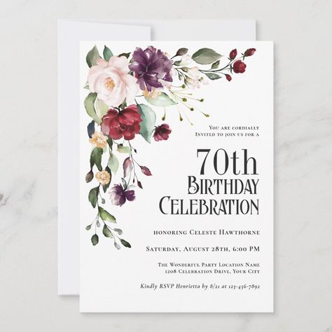 Boho Red, Blush and Purple Floral 70th Birthday Invitation Floral Birthday Party Invitations, Purple And Peach, 90th Birthday Invitations, 75th Birthday Parties, 70th Birthday Invitations, 100th Birthday Party, Floral Birthday Invitations, Floral Birthday Party, 60th Birthday Invitations