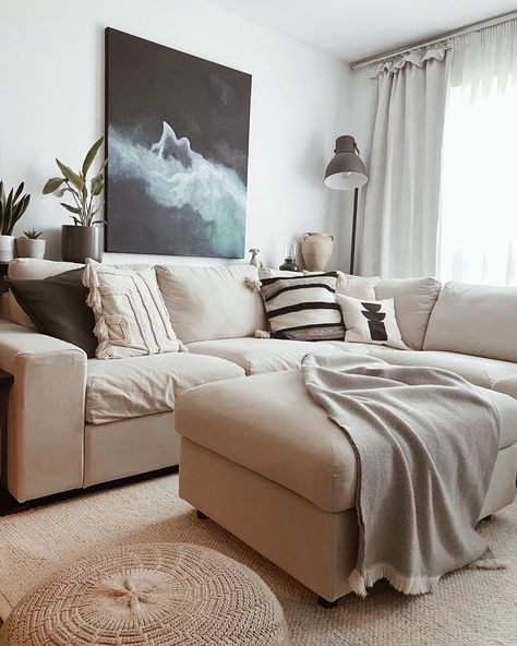 #boho #minimal #livingroom #decor #beigecouch #art #white #interiordesign #vimle #ikea #earthylivingroom #lounge #footstool Vimle Ikea Beige, Vimle Ikea, Ikea Vimle, Beige Couch, Earthy Living Room, Ikea Living Room, Ikea Sofa, Lounge, Couch