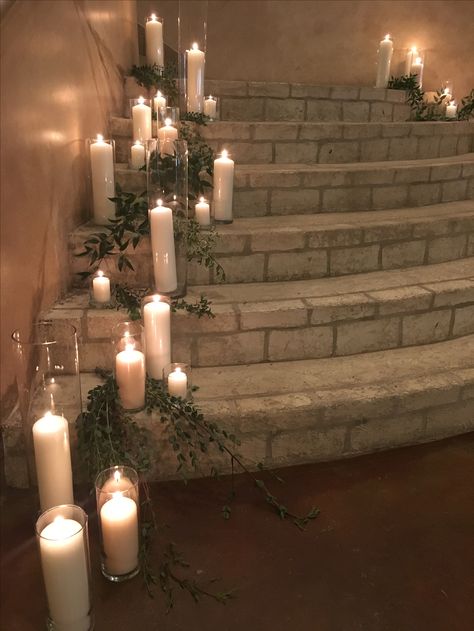 Candle Lit Wedding Alter, Candles Up Stairs Wedding, Greenery And Candle Aisle Decor, Wedding Ceremony Stair Decorations, Floating Candles Wedding Floor, Candle Lit Staircase, Wedding Stairs Candles, Ceremony Aisle Decor Candles, Candle Light Beach Wedding