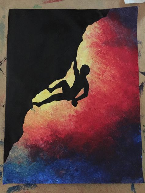 Rock climber silhouette painting Rock Climber Drawing, Rock Climbing Silhouette, Climbing Painting Ideas, Rock Climbing Watercolor, Rock Climbing Painting, Climbing Painting, Climbing Drawing, Climber Silhouette, Rock Climbing Art