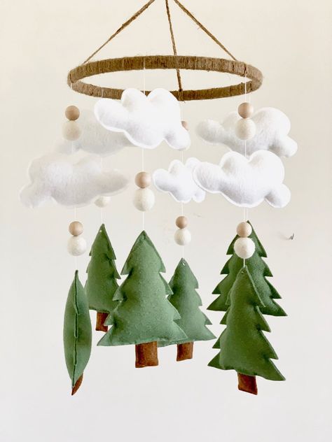 Camping Nursery Theme, Tree Mobile, Green Nursery Boy, Camping Nursery, Nature Themed Nursery, Bear Mobile, Woodland Nursery Boy, Woodland Tree, Natural Nursery