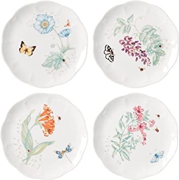 Butterfly Meadow Accent Plates Lenox Butterfly Meadow, Butterfly Meadow, Trademark Design, Porcelain Dinnerware, Soft Floral, Store Signs, White Accents, China Porcelain, Dessert Plate