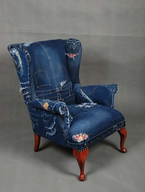 Denim Living Room Furniture - Foter Parker Knoll Sofa, Denim Chair, Denim Furniture, Patchwork Furniture, Patchwork Chair, Wingback Armchair, Boho Furniture, Jean Crafts, Funky Furniture