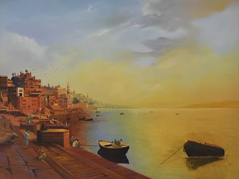 Varanasi Ghat Painting, Varanasi Painting, Ghat Painting, Banaras Ghat, Varanasi Ghat, Oil Painting Home Decor, Watercolour Ideas, Spiritual Paintings, Abstract Coloring Pages