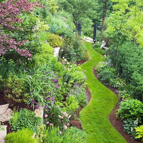 Very fun backyard. I would love to walk through this every morning..and evening of course Steep Backyard, Walkway Landscaping, Hillside Garden, Hillside Landscaping, Sloped Garden, Master Gardener, Garden Tours, Garden Care, Green Garden