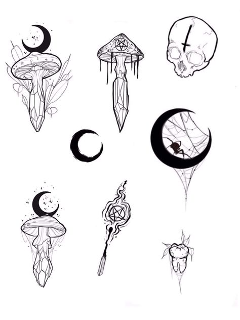 Goth Aesthetic Tattoo Ideas, Witchy Tattoo Ideas Matching, Witch Style Tattoo, Crystal Tattoo Design Drawings, Spooky Witchy Tattoos, Fantasy Matching Tattoos, Dark Feminine Tattoos Simple, Unique Witchy Tattoos, Cute Goth Tattoo Ideas