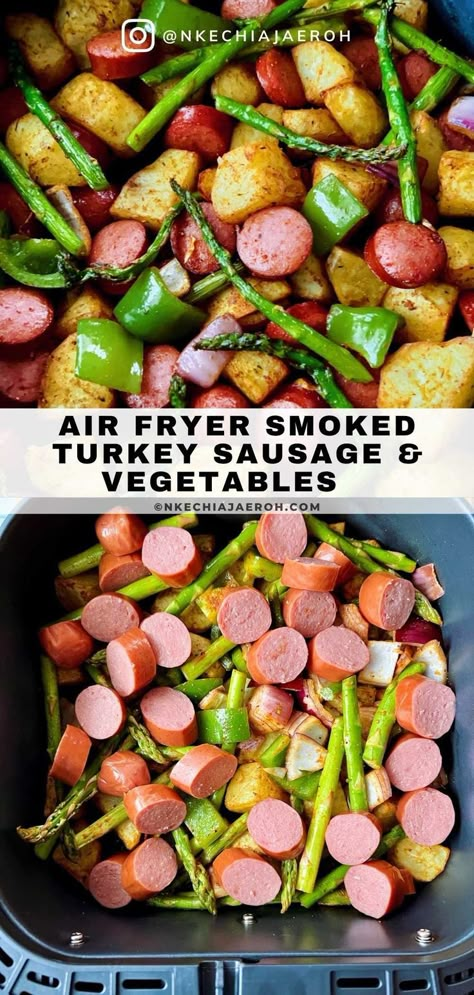 Ww Smoked Sausage Recipes, Asparagus And Sausage Recipes, Turkey Sausage Meals Healthy, Air Fryer Smoked Sausage And Potatoes, Air Fry Turkey Sausage, Turkey Sausage Air Fryer Recipes, Turkey Smoked Sausage Recipes Healthy, Weight Watchers Turkey Sausage Recipes, Air Fryer Smoked Sausage Recipes