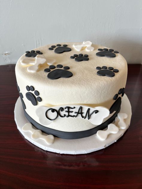 Cake With Paw Prints, Dog Themed Cake, Paw Print Cakes, Black And White Puppy, Doggie Birthday, White Puppy, Dog Birthday Cake, White Puppies, Dog Cake