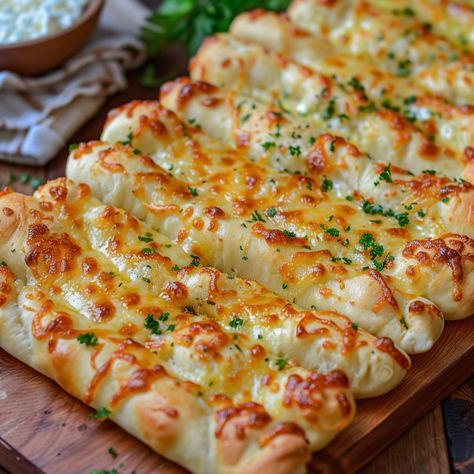 Cheesy Garlic Breadsticks - Good For Recipes Cheesy Garlic Sticks, Cheese Breadsticks Recipe, Bread Finger Food, Cheeses Breadsticks, Salty Recipes Snacks, Yummy Savory Food, Yummy Looking Food, Bread Toppings Ideas, Savory Party Food