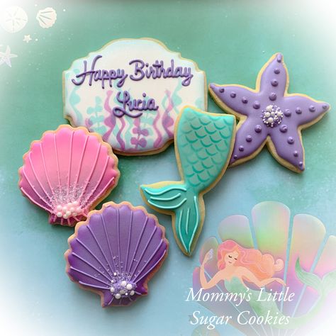 Mermaid Theme Cookies Decorated, Sea Shell Cookies Decorated, Mermaid Birthday Party Cookies, Mermaid Birthday Cookies Decorated, Starfish Cookies Decorated, Mermaid Cookies Ideas, Shell Cookies Decorated, Mermaid Decorated Cookies, Little Mermaid Cookies Decorated