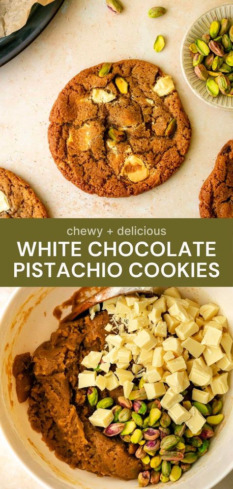 Satisfy your sweet tooth with these chewy and nutty brown butter white chocolate chip pistachio cookies. Plus, they're made in one bowl! White Chocolate And Pistachio Cookies, Brown Butter Pistachio Chocolate Chip Cookies, Pistachio White Chocolate Cookies, White Chocolate Pistachio Cookies, Chocolate Pistachio Cookies, Pistachio White Chocolate, Chocolate Pistachio, Pistachio Cookies, White Chocolate Chip