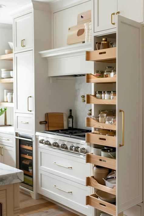 17 Clever Tiny House Kitchen Storage Ideas For Small Spaces Renovation Ideas Small House, Small Custom Kitchen Ideas, Small House Pantry, Maximize Space In Small Kitchen, Small Square Kitchen Remodel, Small Flat Storage Ideas, Storage Ideas For Kitchen Appliances, Small Kitchen Cupboard Organization, Mini Pantry Ideas Small Spaces