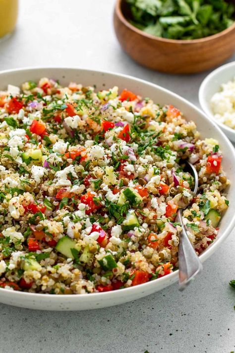 Covered in a lemon dressing, this healthy lentil and quinoa salad is full of fiber and flavor and works well a main or a side dish. Southwest Quinoa, Southwest Quinoa Salad, Lentil Salad Recipes, Lentils And Quinoa, Mediterranean Quinoa, Quinoa Salad Recipe, Vegan Salad Dressing, Mediterranean Quinoa Salad, Nutritional Snacks