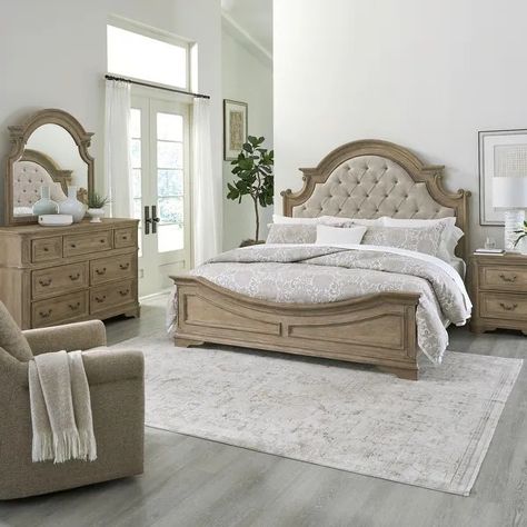 Magnolia Manor Upholstered Bed, Dresser and Mirror, and Nightstand Set - On Sale - Bed Bath & Beyond - 39882979 Manor Bedroom, Upholstered Bedroom Set, Sleigh Bedroom Set, Furniture Box, Bed Dresser, Upholstered Bedroom, King Upholstered Bed, Queen Upholstered Bed, Dresser Mirror