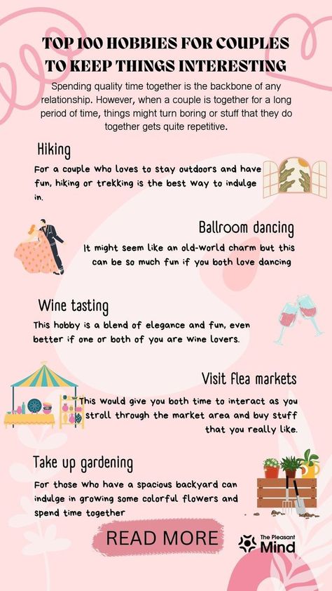 Top 100 Hobbies for Couples to Keep Things Interesting💕#LoveStory #RomanticEncounters #HeartfeltConnections #DateNightIdeas #SoulmateSearch #FlirtyFridays #CandlelitDinners #StarryEyedMoments #LoveQuotes #DreamyDates #WhisperedPromises #AmourAdventures More Love Letters, The Power Of Vulnerability, Relationship Games, Hobbies For Couples, Couple Activities, Acts Of Love, Love Facts, Finding Your Soulmate, Romantic Gestures