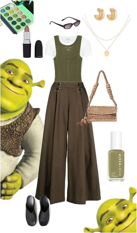 Shrek Outfit Ideas, Shrek Inspired Outfits, Shrek Character Costumes Diy, Shrek Core, Shrek Outfit, Shrek Aesthetic Cute, Shrek Rave, Outfit Themes, Broadway Outfit