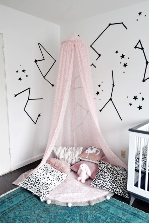 DIY Nursery Canopy with Spoonflower • theStyleSafari Diy Nursery Canopy, Amelie Room, Constellation Nursery, Girl Nursery Diy, Nursery Diy, Canopy Bed Diy, Baby Nursery Diy, Nursery Canopy, Diy Crib