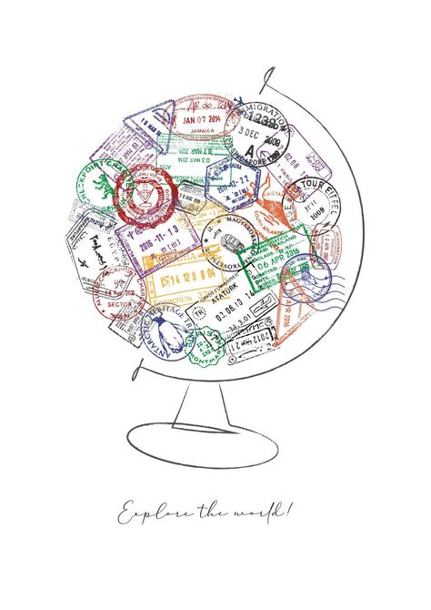 Globe made from a passport stamps different countries with lettering explore the world Travel Collage, Travel Stamp, Passport Stamps, Travel Wallpaper, Letter Stamps, Travel Illustration, Art Appreciation, Different Countries, Bullet Journal Ideas Pages