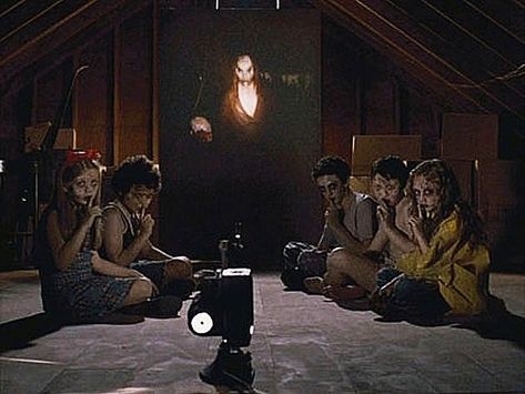 Sinister (2012). The ghosts L to R: Stephanie (Victoria Leigh), BBQ Boy (Cameron Ocasio), Sleepy Time Boy (Blake Mizrahi), Pool Party Boy (Ethan Haberfield), & Lawn Girl (Danielle Kotch). On the screen in the background is Bughuul / "Mr. Boogie," played by Nick King. 2012 Movie, Ethan Hawke, Horror Movie Icons, Roger Moore, Paranormal Activity, Film Inspiration, Upcoming Movies, Film Aesthetic, American Horror