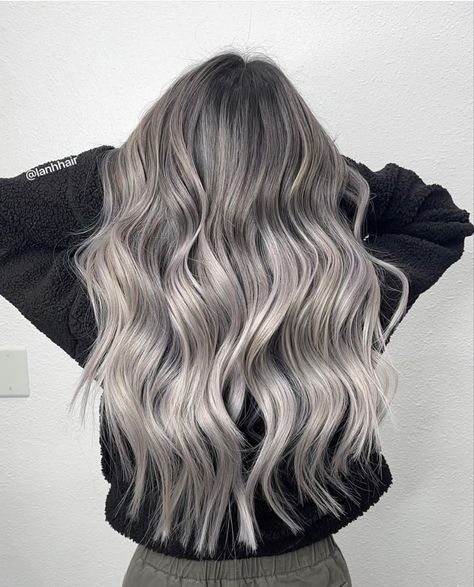 Ash Hair Balayage Brunettes, Smokey Ash Blonde Hair Balayage, Silver Balayage On Brown Hair, Smokey Grey Hair, Ash Gray Hair, Platinum Silver Hair, Platinum Balayage, Silver Balayage, Ash Blonde Hair Balayage