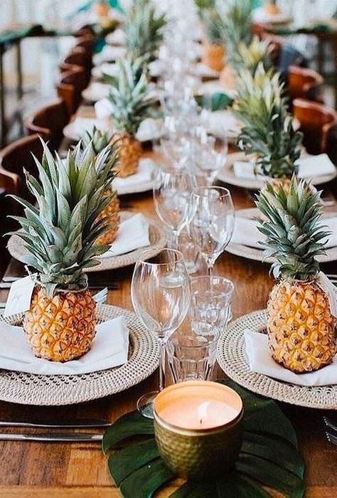 18 Wonderful Tropical Wedding Decor Ideas ❤ tropical wedding decor table decor bulb creative⁣ #weddingforward #wedding #bride Pineapple Wedding Decor, Tropical Table Setting, Beach Wedding Foods, Vintage Tropical Decor, Tropical Wedding Centerpieces, Pineapple Centerpiece, Pineapple Table, Tropical Table, Tropical Centerpieces