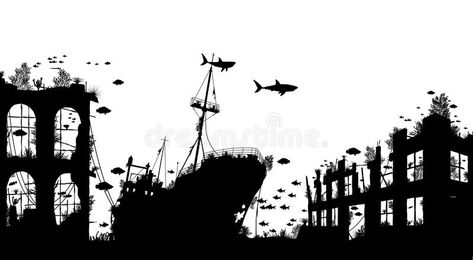 City Ruins, Ship Silhouette, Mermaid Images, Underwater City, Watercolor Paper Texture, Underwater Art, Free Art Prints, Banner Printing, Facebook Image