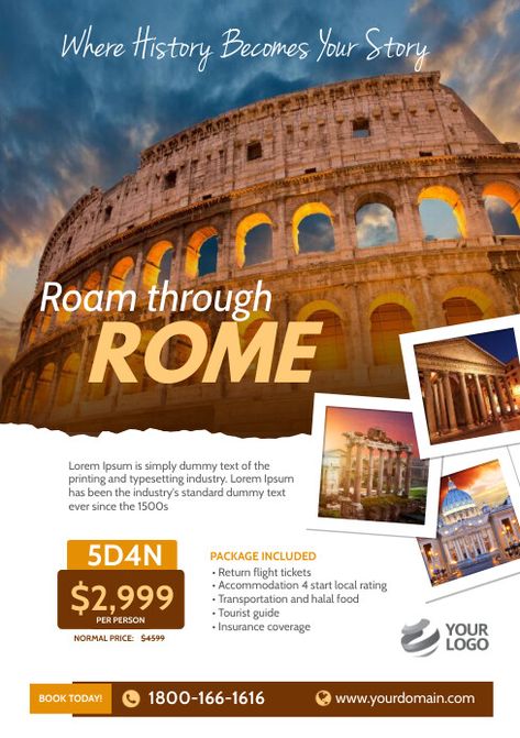 Design created with PosterMyWall Travel To Rome, Travel Flyer, Tourist Guide, Halal Recipes, Flyer Poster, Rome Travel, Online Ads, Poster Template, Business Design