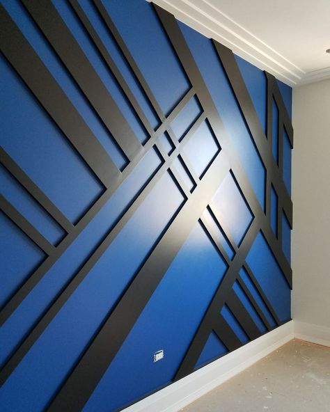 💙🖤 Accent wall for boys room. Perfectly executed by the talented team @nevadoplaster @globalconstructionny Blue And Gray Accent Wall, Gamer Accent Wall, Boys Room Wall Ideas, Boys Fortnite Bedroom, Boys Accent Wall, Boys Bedroom Accent Wall, Fortnite Bedroom Ideas For Boys, Geometric Wall Paint Patterns, Boys Bedroom Wall Color