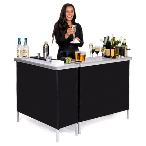 PRICES MAY VARY. DOUBLE BAR SET: Includes 2 portable bar tables and 2 attachable black bar skirts that works for casual and formal events MOBILE BARTENDERS: Get 2x the space for large parties and events; Includes 2 clamps to connect the tables in an L-shape or side by side; Each table measures 39 x 36 x 15 inches (W x H x D) when open and in total weighs only 25 pounds SOCIAL EVENT FAVORITE: Ideal for parties, trade shows, corporate events, and more; Highly portable with instant, no tool setup S Bar Area For Party, Mini Mobile Bar, Pop Up Bar Ideas, Mobile Bar Set Up, Coffee Bar Event, Bar Setup For Party, Bar Ideas For Party, Portable Bar On Wheels, Small Event Space Design