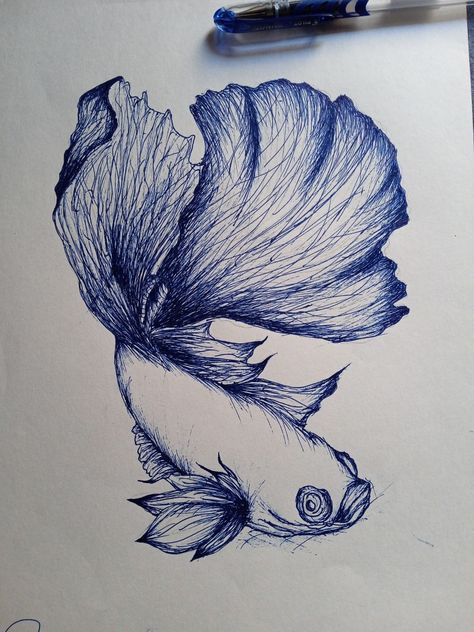 Pen Fish Drawing, Whale Pen Drawing, Underwater Pen Drawing, Ball Pen Sketch Simple, Fish Pen Drawing, Pen Drawings Aesthetic, Blue Pen Drawing, Gel Pen Doodles, Mental Crisis