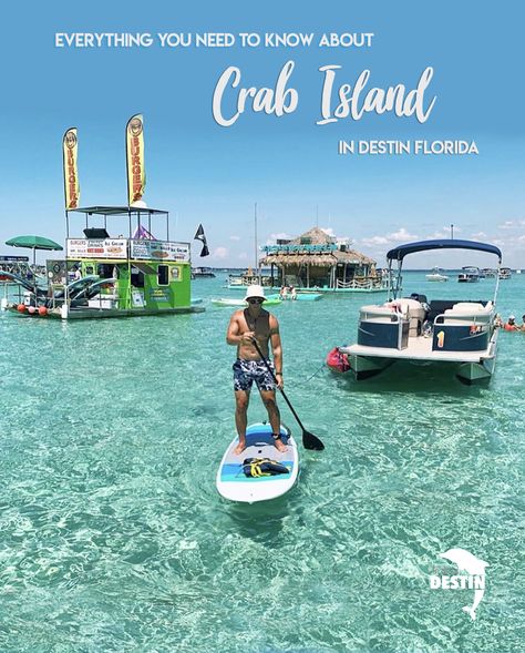 Learn everything about Crab Island in Destin Florida! Figure out how to get there, where to eat, what to do, how long to stay, and the best times to visit!  Crab Island is a sandbar with crystal clear blue water that is waist deep in most places. Crab Island, Florida Vacation Spots, Destin Florida Vacation, Florida Family Vacation, Florida Adventures, Places In Florida, Clear Blue Water, Destin Florida, Panama City Beach