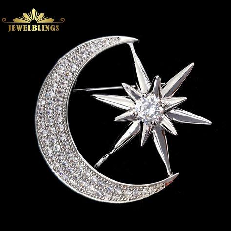 Victorian Design Micro Pave Clear CZ Crescent Moon and Star Brooches Silver Tone Mirror Hardware and CZ Star Moon Pins Broaches Planet Jewelry, Stars Jewelry, Moon Brooch, Space Drawings, Victorian Design, Antique Hardware, Star Moon, Cz Jewelry, Star Jewelry