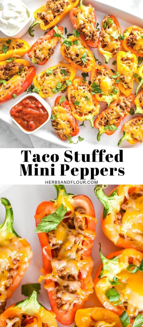 Taco Stuffed Mini Peppers are the perfect low carb snack, appetizer or light meal! This healthy recipe takes just 30 minutes to make and is the perfect finger food! Party Snacks Gluten Free, Snacks Gluten Free, Sweet Pepper Recipes, Mini Peppers, Bunsen Burner, Stuffed Mini Peppers, Party Snack, Fall Flavors, Snacks Für Party