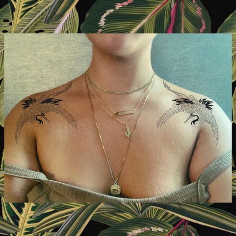 Crane Tattoo Collarbone, Crane Tattoo Chest, Blue Crane Tattoo, Crane Shoulder Tattoo, Crane Tattoo Shoulder, Crane Chest Tattoo, Crane Back Tattoo, Could Tattoo, Blue Heron Tattoo