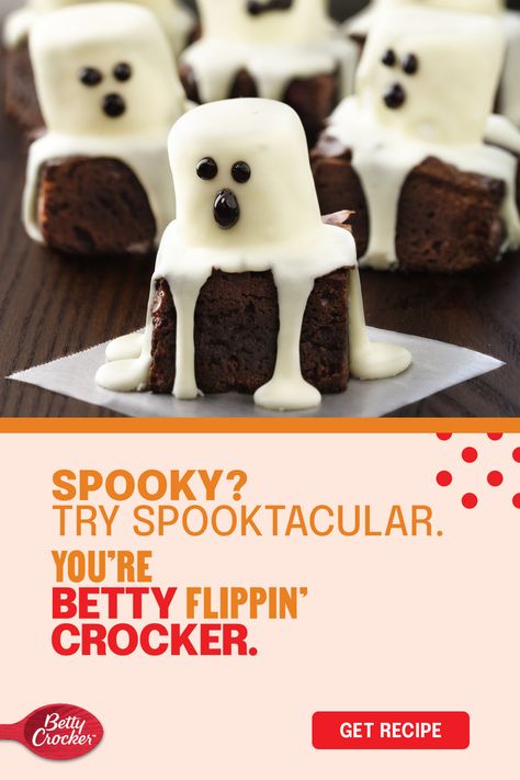 These brownies are saying boo, and you’re saying BOOM! They’re quick to make — believe it or not — and totally deliver on spooktacular taste. Grab some marshmallows and Betty Crocker Frosting to turn your home into a ghost house everyone will be running toward! Release your inner #bettyflippincrocker and get the recipe to start making amazing! Betty Crocker Frosting, Spooky Brownies, Ghost Brownies, Halloween Brownie, Halloween Deserts, Gooey Brownies, Be Legendary, Halloween Party Snacks, Halloween Food Treats