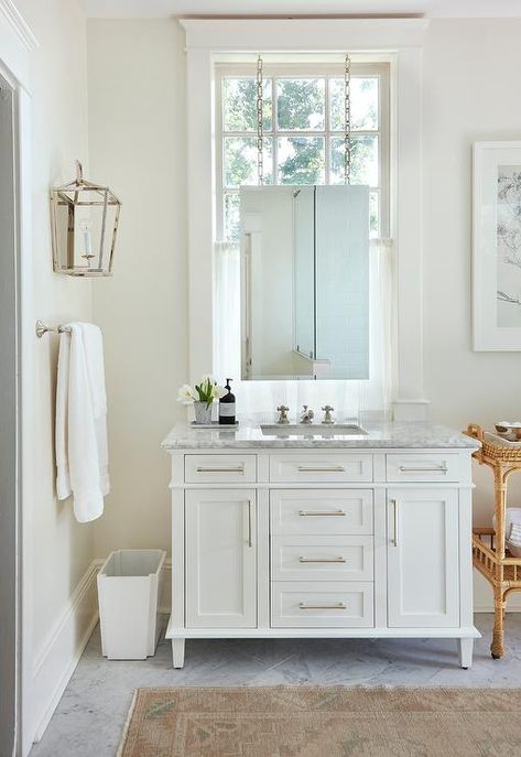 Mirror In Front Of Window, Vanity In Front Of Window, Dark Wooden Floor, Grey Blue Kitchen, Wooden Beams Ceiling, Bathroom Vanity Designs, Oak Stairs, White Wall Tiles, Traditional Vanity