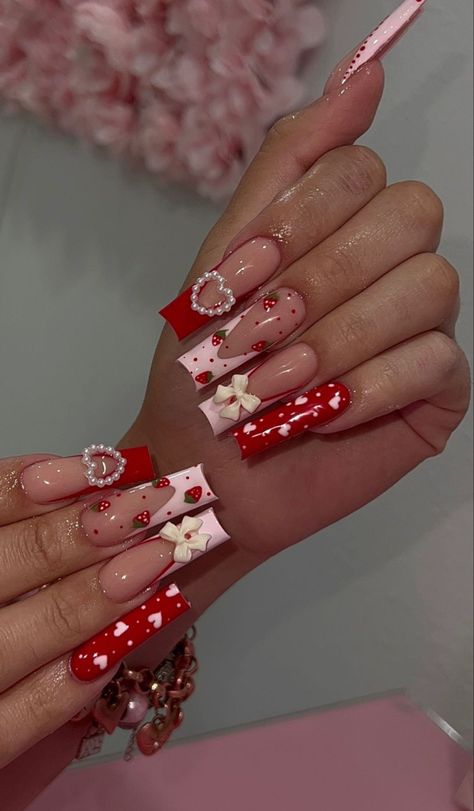 Nagel Tips, Easy Nails, Unique Acrylic Nails, Pink Acrylic Nails, Square Acrylic Nails, Stick On Nails, Nails Coffin, Nail Arts, Valentine's Day Nails