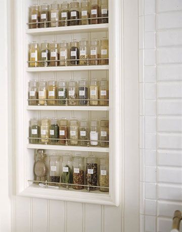 Even though I know spices last longer when stored in the dark or in opaque containers, I still would love a system of labeled clear spice jars in an open rack in my kitchen. Perfect spice storage for me! Spice Storage Solutions, Wall Spice Rack, Old Fashioned Kitchen, Spice Storage, Kitchen Spices, Spice Organization, Apartment Kitchen, Spice Rack, Kitchen Pantry