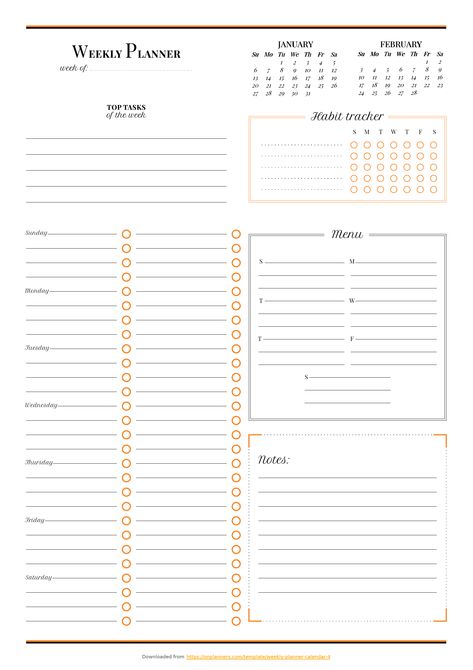 Weekly planner with calendar & habit tracker. Sections you can find in this template: Week of, Top tasks of the week, Daily sections, Weekly menu list for each day, Habit tracker, Current & Next months calendar, Notes section  #weeklyplanner #printableweeklyplanner #weekplannertemplate #organize #papergoods Free Printable Weekly Planner Template, Doodle Bullet Journal, Free Weekly Planner Templates, Daily Planner Printables Free, Weekly Schedule Planner, Weekly Planner Free Printable, Study Planner Printable, Weekly Planner Free, Printable Weekly Planner