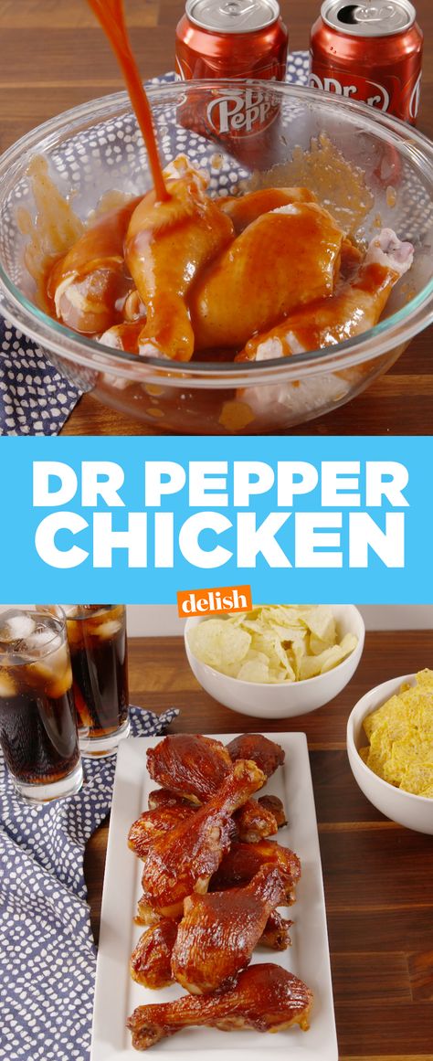 You'll hate how much you love Dr Pepper Chicken. Get the recipe at Delish.com. #soda #drpepper #chicken #delish #easyrecipe #recipe #dinner Dr Pepper Chicken Crockpot, Dr Pepper Chicken Wings, Dr Pepper Chicken, Baked Bbq Chicken Recipes, Chicken Legs Recipes, Recipes With Chicken And Peppers, Chicken Leg Recipes, Soda Recipe, Chicken Stuffed Peppers